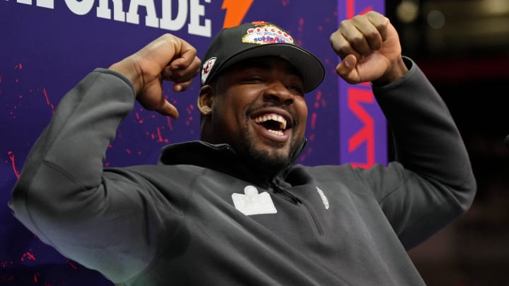 Kansas City Chiefs defensive tackle Chris Jones (95) talks to the media during Super Bowl LVIII Opening Night.