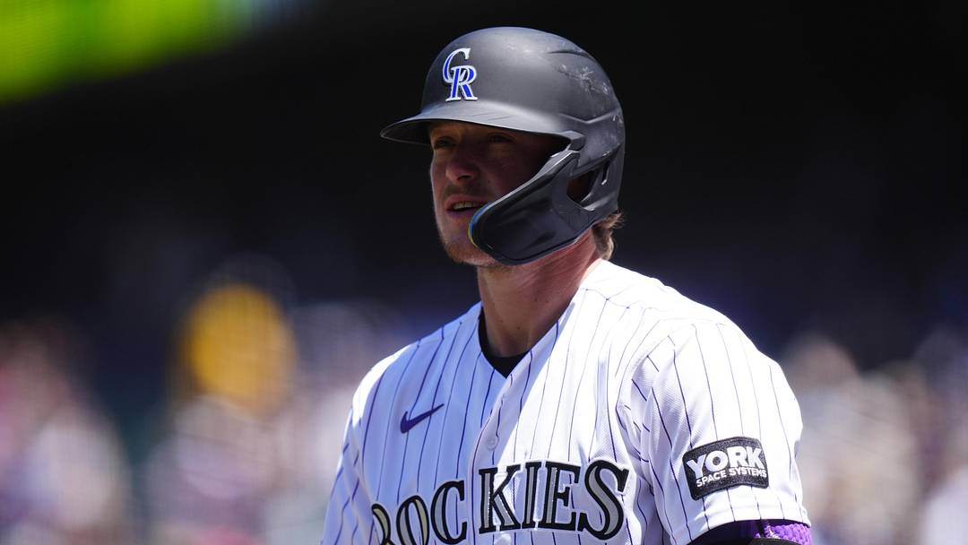 Jun 11, 2026; Denver, Colorado, USA; Colorado Rockies designated hitter Hunter Goodman (15) on deck in the first inning against the Chicago Cubs at Coors Field. Mandatory Credit: Ron Chenoy-Imagn Images Jun 11, 2026; Denver, Colorado, USA; Colorado Rockies designated hitter Hunter Goodman (15) on deck in the first inning against the Chicago Cubs at Coors Field. Mandatory Credit: Ron Chenoy-Imagn Images