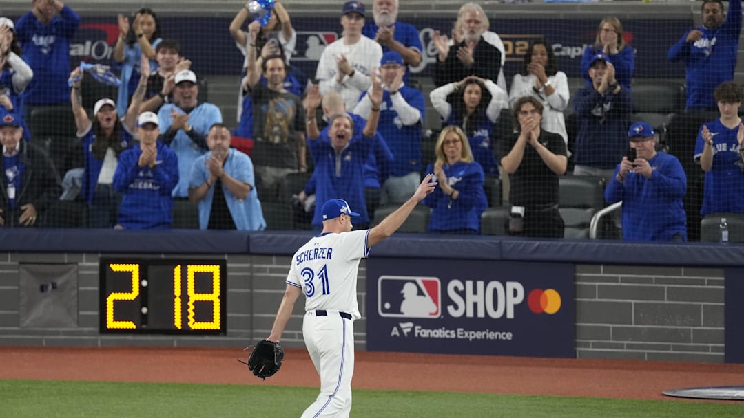 Nov 1, 2025; Toronto, Ontario, CAN; Toronto Blue Jays pitcher Max Scherzer (31) is relieved in the fifth inning against the Los Angeles Dodgers during game seven of the 2025 MLB World Series at Rogers Centre. 