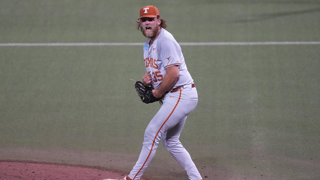 Texas Longhorns pitcher Sam Cozart celebrates a save to beat the Oregon Ducks and win the Austin Super Regional.