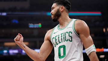 Mar 24, 2025; Sacramento, California, USA; Boston Celtics forward Jayson Tatum (0) pumps his fist after the Celtics made a basket at the end of the first quarter against the Sacramento Kings at the Golden 1 Center. Mandatory Credit: Cary Edmondson-Imagn Images