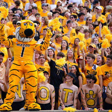 Sep 14, 2024; Columbia, Missouri, USA; The Missouri Tigers mascot Truman performs against the Boston College Eagles during the first half at Faurot Field at Memorial Stadium. Mandatory Credit: Denny Medley-Imagn Images