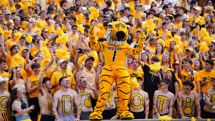 Sep 14, 2024; Columbia, Missouri, USA; The Missouri Tigers mascot Truman performs against the Boston College Eagles during the first half at Faurot Field at Memorial Stadium. Mandatory Credit: Denny Medley-Imagn Images