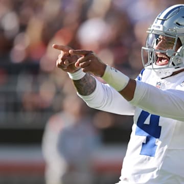 Dallas Cowboys QB Dak Prescott celebrates after a touchdown during the first half against the Cleveland Browns
