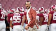Sep 13, 2025; Stanford, California, USA; Stanford Cardinal general manager Andrew Luck walks on the field before the game against the Boston College Eagles at Stanford Stadium. Mandatory Credit: Darren Yamashita-Imagn Images