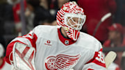 Dec 5, 2024; Ottawa, Ontario, CAN;  Detroit Red Wings goalie Ville Husso (35) skates in the second period against the Ottawa Senators at the Canadian Tire Centre. Mandatory Credit: Marc DesRosiers-Imagn Images