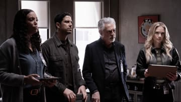 L-R: Aisha Tyler as Dr. Tara Lewis, Adam Rodriguez as Luke Alvez, Joe Mantegna as David Rossi and A.J. Cook as Jennifer ‘JJ’ Jareau in Criminal Minds: Evolution, episode 1, season 17 streaming on Paramount+, 2024. Photo Credit: Michael Yarish /Paramount+