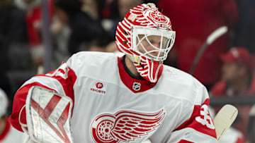 Dec 5, 2024; Ottawa, Ontario, CAN;  Detroit Red Wings goalie Ville Husso (35) skates in the second period against the Ottawa Senators at the Canadian Tire Centre. Mandatory Credit: Marc DesRosiers-Imagn Images