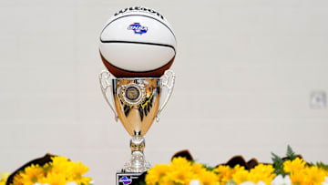 Mar 11, 2025; Augusta, Georgia, USA; The GHSA state basketball trophy sits on a table before a pep rally at Butler High School to celebrate the boys AA state basketball championship. Butler boys basketball last won a state championship in 1966. Mandatory Credit: Katie Goodale - Augusta Chronicle/USA TODAY NETWORK