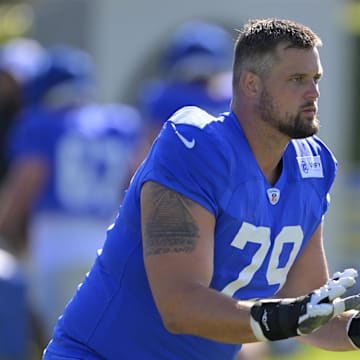 Jul 29, 2024; Los Angeles, CA, USA; Los Angeles Rams offensive tackle Rob Havenstein (79) participates in drills during training camp at Loyola Marymount University. Mandatory Credit: Jayne Kamin-Oncea-Imagn Images