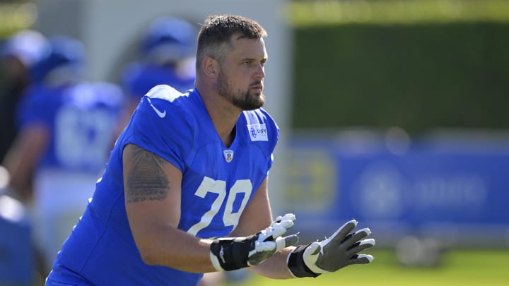 Jul 29, 2024; Los Angeles, CA, USA; Los Angeles Rams offensive tackle Rob Havenstein (79) participates in drills during training camp at Loyola Marymount University. Mandatory Credit: Jayne Kamin-Oncea-USA TODAY Sports