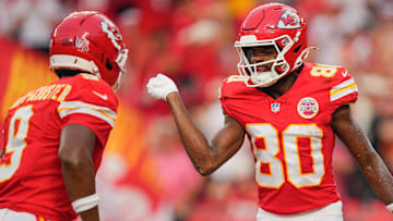 Kansas City Chiefs wide receiver Tyquan Thornton (80) celebrates after scoring a touchdown against the Philadelphia Eagles during the fourth quarter of the game at GEHA Field at Arrowhead Stadium.