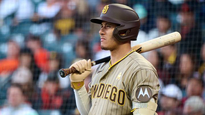 Sep 13, 2026; San Francisco, California, USA; San Diego Padres infielder Manny Machado (13) looks on in the on-deck circle against the San Francisco Giants during the seventh inning at Oracle Park. Mandatory Credit: Robert Edwards-Imagn Images