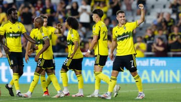 Jul 27, 2024; Columbus, Ohio, USA; Columbus Crew midfielder Dylan Chambost (7) celebrates a goal during the second half in the Leagues Cup Showcase game against Aston Villa at Lower.com Field. Mandatory Credit: Graham Stokes-USA TODAY Sports