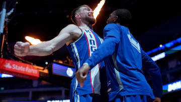 Apr 14, 2024; Sacramento, California, USA; Sacramento Kings forward Domantas Sabonis (10) and guard De'Aaron Fox (5) do a chest bump before the start of the game against the Portland Trail Blazers at the Golden 1 Center. Mandatory Credit: Cary Edmondson-USA TODAY Sports