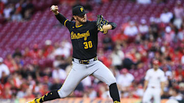 Sep 24, 2025; Cincinnati, Ohio, USA; Pittsburgh Pirates starting pitcher Paul Skenes (30) pitches against the Cincinnati Reds in the first inning at Great American Ball Park. Mandatory Credit: Katie Stratman-Imagn Images