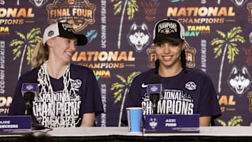 UConn stars Paige Bueckers, guard Azzi Fudd speak to the media after the national championship.