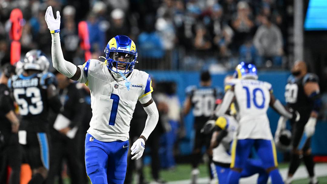 Jan 10, 2026; Charlotte, NC, USA; Los Angeles Rams cornerback Emmanuel Forbes Jr. (1) reacts in the fourth quarter in an NFC Wild Card Round game at Bank of America Stadium. Mandatory Credit: Bob Donnan-Imagn Images