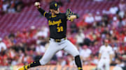 Sep 24, 2025; Cincinnati, Ohio, USA; Pittsburgh Pirates starting pitcher Paul Skenes (30) pitches against the Cincinnati Reds in the first inning at Great American Ball Park. Mandatory Credit: Katie Stratman-Imagn Images
