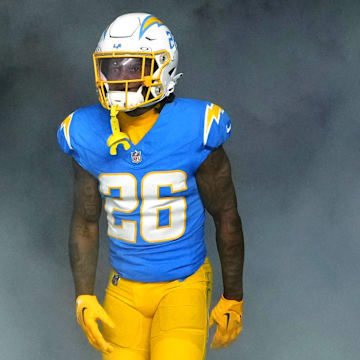 Dec 23, 2023; Inglewood, California, USA; Los Angeles Chargers cornerback Asante Samuel Jr. (26)  enters the field before the game against the Buffalo Bills at SoFi Stadium. Mandatory Credit: Kirby Lee-Imagn Images