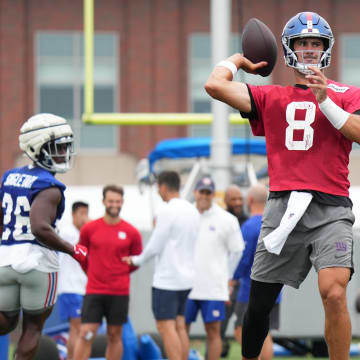 Jul 25, 2024; East Rutherford, NY, USA; New York Giants quarterback Daniel Jones (8) throws a pass during Quest Diagnostics Training Center training camp.  