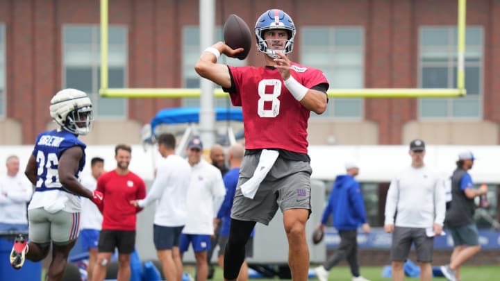 Jul 25, 2024; East Rutherford, NY, USA; New York Giants quarterback Daniel Jones (8) throws a pass during Quest Diagnostics Training Center training camp.  