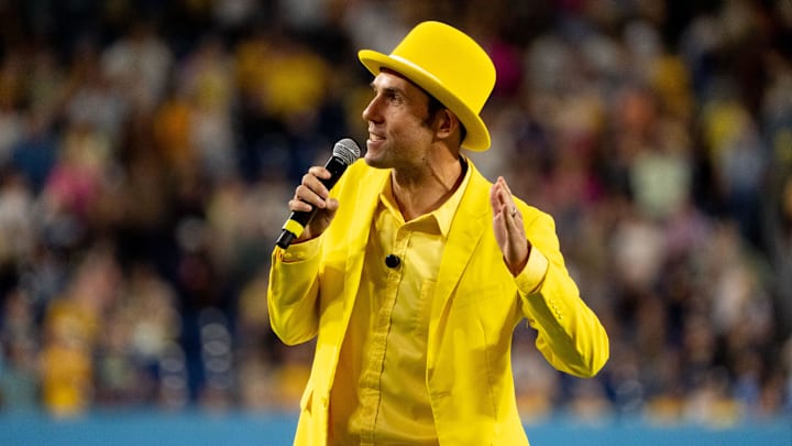 Savannah Bananas owner Jesse Cole talks to the fans after a game between the Savannah Bananas and the Party Animals at Nissan Stadium in Nashville, Tenn., Saturday, May 10, 2025.