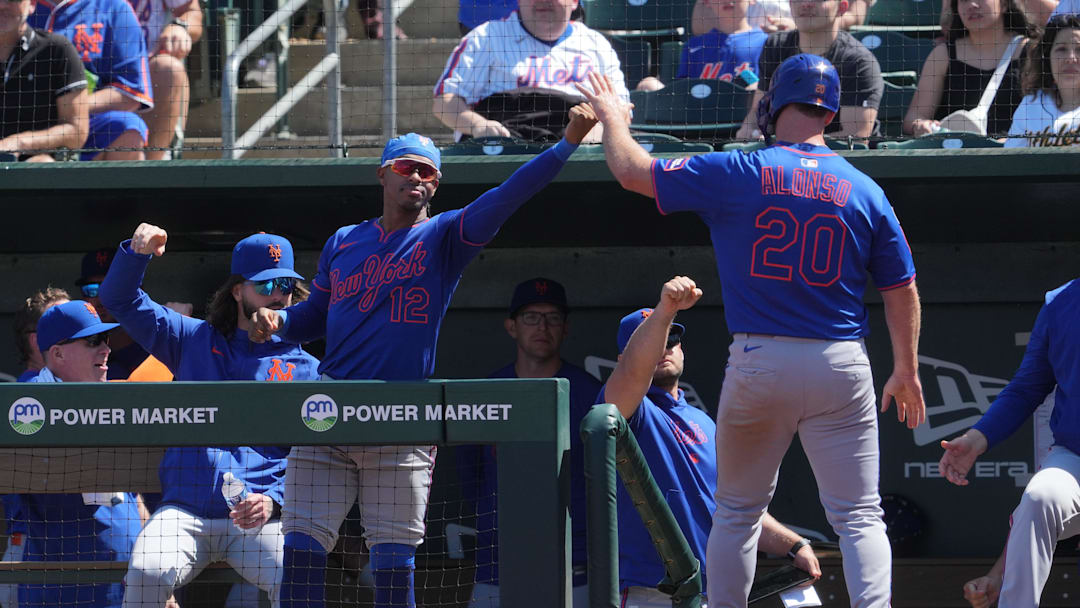 Apr 13, 2025; West Sacramento, California, USA; New York Mets first baseman Pete Alonso (20) is congratulated by shortstop Francisco Lindor (12) after scoring a run against the Athletics during the sixth inning at Sutter Health Park. Mandatory Credit: Darren Yamashita-Imagn Images