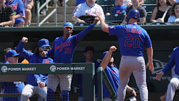 Apr 13, 2025; West Sacramento, California, USA; New York Mets first baseman Pete Alonso (20) is congratulated by shortstop Francisco Lindor (12) after scoring a run against the Athletics during the sixth inning at Sutter Health Park. Mandatory Credit: Darren Yamashita-Imagn Images