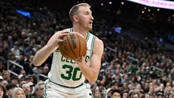 Nov 24, 2024; Boston, Massachusetts, USA; Boston Celtics forward Sam Hauser (30) controls the ball against the Minnesota Timberwolves during the first half at TD Garden. Mandatory Credit: Eric Canha-Imagn Images