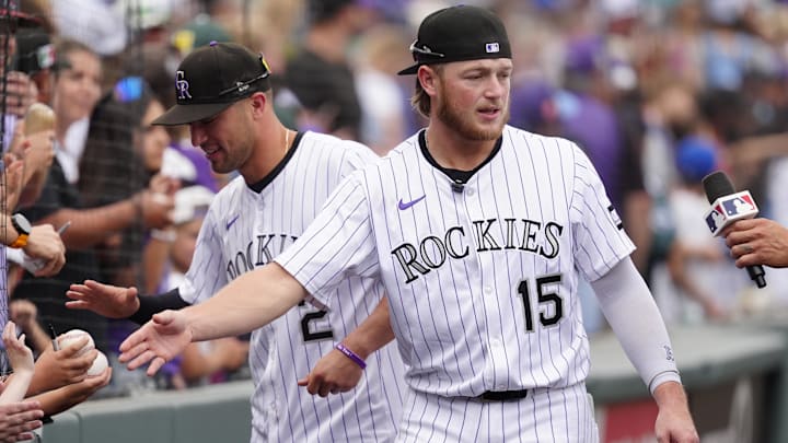Colorado Rockies catcher Hunter Goodman (15) following the game against the Los Angeles Angels at Coors Field. Colorado Rockies catcher Hunter Goodman (15) following the game against the Los Angeles Angels at Coors Field.