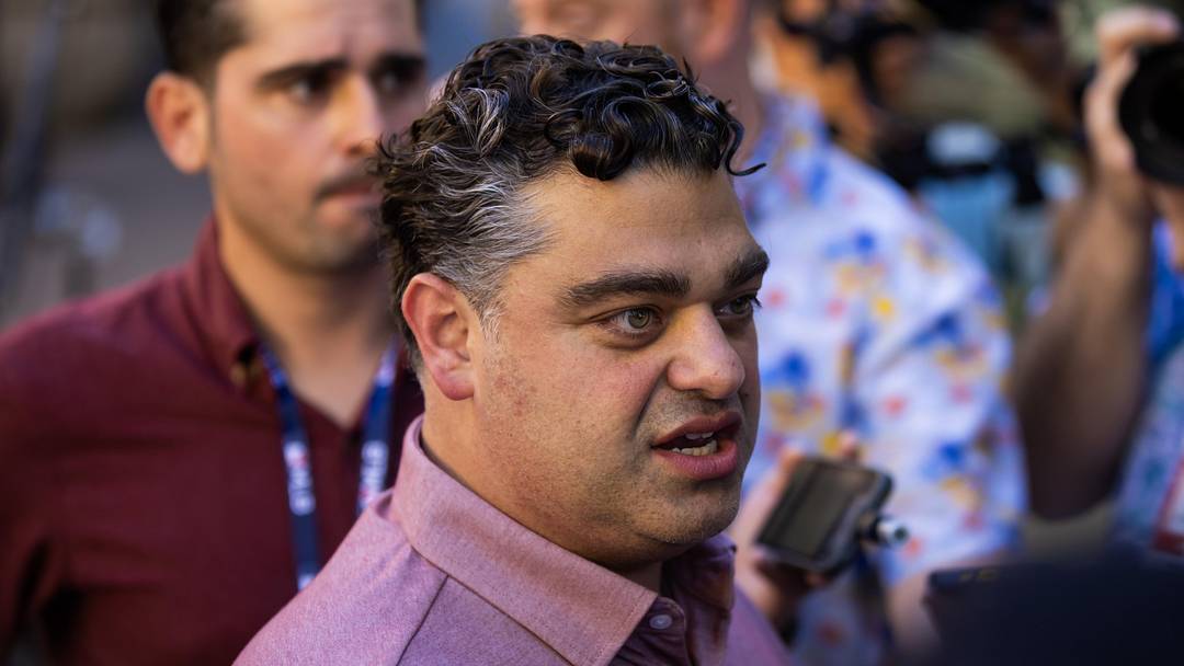 Nov 7, 2023; Scottsdale, AZ, USA; Los Angeles Angels general manager Perry Minasian speaks to the media during the MLB General Manager's Meetings at Omni Scottsdale Resort & Spa. Mandatory Credit: Mark J. Rebilas-Imagn Images