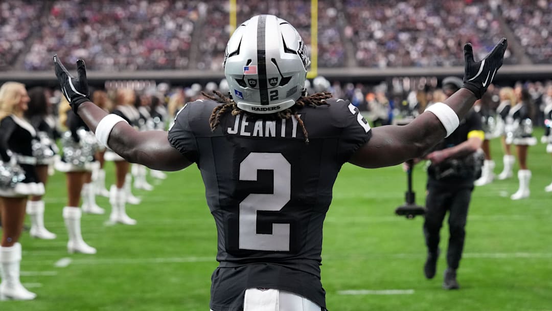 Dec 28, 2025; Paradise, Nevada, USA; Las Vegas Raiders running back Ashton Jeanty (2) enters the field before the game against the New York Giants at Allegiant Stadium. Mandatory Credit: Kirby Lee-Imagn Images