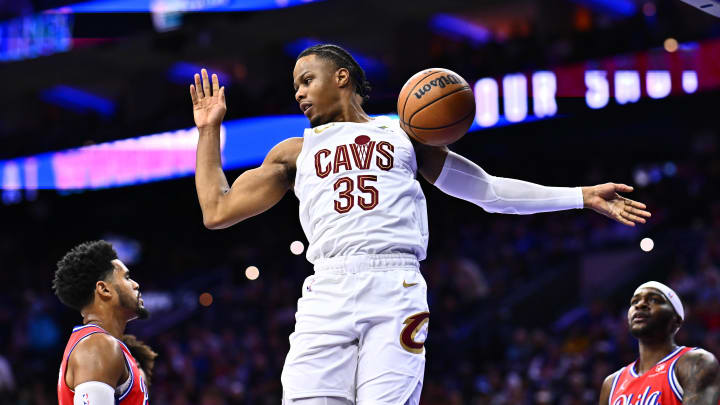 Feb 23, 2024; Philadelphia, Pennsylvania, USA; Cleveland Cavaliers forward Isaac Okoro (35) reacts after dunking against the Philadelphia 76ers in the first quarter at Wells Fargo Center. Mandatory Credit: Kyle Ross-USA TODAY Sports