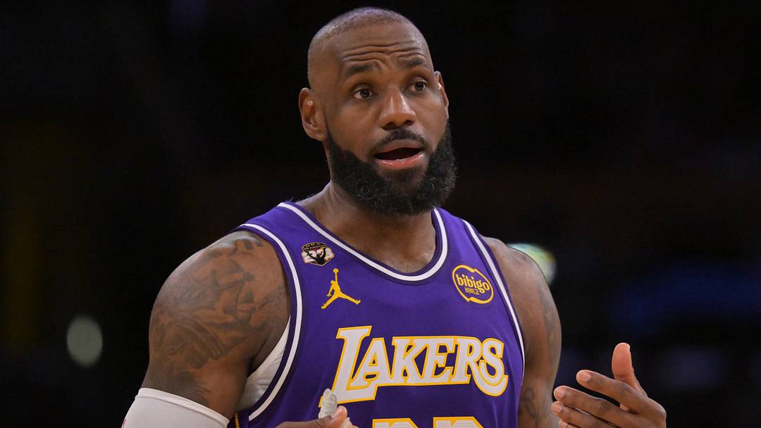Feb 5, 2026; Los Angeles, California, USA;  Los Angeles Lakers forward LeBron James (23) reacts after a foul in the second half against the Philadelphia 76ers at Crypto.com Arena. Mandatory Credit: Jayne Kamin-Oncea-Imagn Images