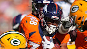 Oct 22, 2023; Denver, Colorado, USA; Denver Broncos running back Jaleel McLaughlin (38) during the first quarter against the Green Bay Packers at Empower Field at Mile High. Mandatory Credit: Ron Chenoy-Imagn Images