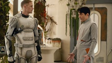Alexander Skarsgård and David Dastmalchian in "Murderbot," premiering May 16, 2025 on Apple TV+.
