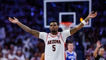 Nov 22, 2024; Tucson, Arizona, USA; Arizona Wildcats guard KJ Lewis (5) hypes up the crowd during the second half against the Duke Blue Devils at McKale Center. Mandatory Credit: Aryanna Frank-Imagn Images