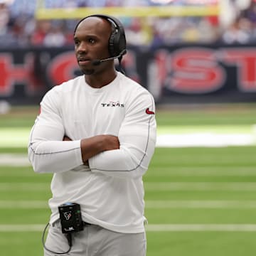 Aug 17, 2024; Houston, Texas, USA; Houston Texans head coach DeMeco Ryans watches play against the New York Giants in the fourth quarter at NRG Stadium. Mandatory Credit: Thomas Shea-Imagn Images