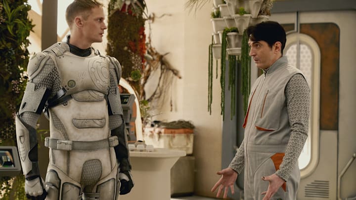Alexander Skarsgård and David Dastmalchian in "Murderbot," premiering May 16, 2025 on Apple TV+.