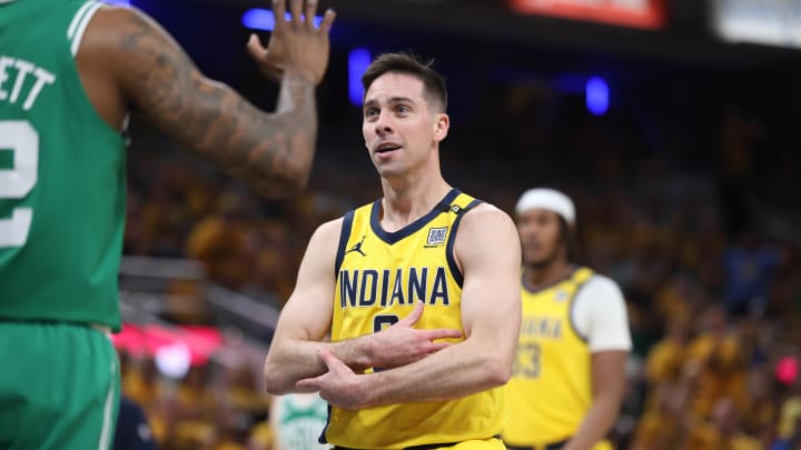 May 25, 2024; Indianapolis, Indiana, USA; Indiana Pacers guard T.J. McConnell (9) reacts during the first quarter of game three of the eastern conference finals against the Boston Celtics  in the 2024 NBA playoffs at Gainbridge Fieldhouse. Mandatory Credit: Trevor Ruszkowski-USA TODAY Sports
