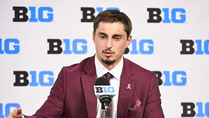 Jul 25, 2024; Indianapolis, IN, USA; Minnesota Golden Gophers quarterback ??Max Brosmer speaks to the media during the Big 10 football media day at Lucas Oil Stadium. Mandatory Credit: Robert Goddin-USA TODAY Sports