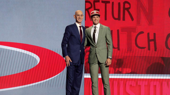 Jun 26, 2024; Brooklyn, NY, USA; Reed Sheppard poses for photos with NBA commissioner Adam Silver after being selected third overall by the Houston Rockets in the first round of the 2024 NBA Draft at Barclays Center. Mandatory Credit: Brad Penner-USA TODAY Sports