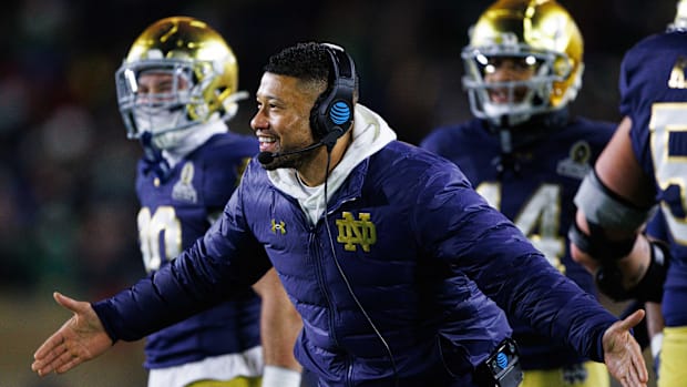 Notre Dame head football coach Marcus Freeman during a game against Indiana in 202
