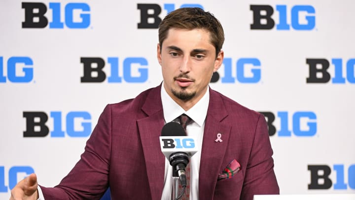 Jul 25, 2024; Indianapolis, IN, USA; Minnesota Golden Gophers quarterback ??Max Brosmer speaks to the media during the Big 10 football media day at Lucas Oil Stadium. Mandatory Credit: Robert Goddin-USA TODAY Sports