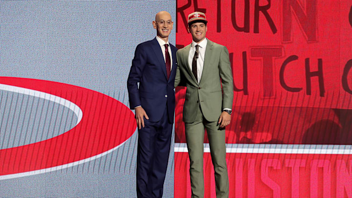 Jun 26, 2024; Brooklyn, NY, USA; Reed Sheppard poses for photos with NBA commissioner Adam Silver after being selected third overall by the Houston Rockets in the first round of the 2024 NBA Draft at Barclays Center. Mandatory Credit: Brad Penner-Imagn Images