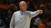 Tennessee head basketball coach Rick Barnes points during an NCAA basketball game between the Tennessee Volunteers and Montana Grizzlies at Thompson-Boling Arena at Food City Center on Wednesday, Nov. 13, 2024.