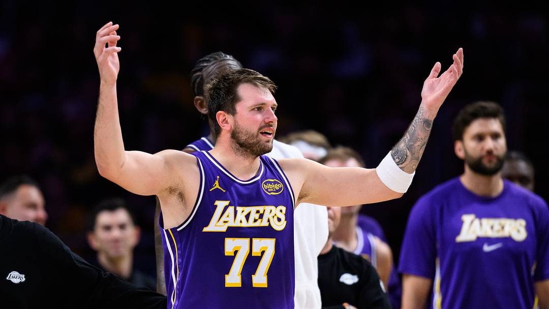 Mar 27, 2026; Los Angeles, California, USA; Los Angeles Lakers guard Luka Doncic (77) reacts during the second half against the Brooklyn Nets at Crypto.com Arena. Mandatory Credit: William Liang-Imagn Images Mar 27, 2026; Los Angeles, California, USA; Los Angeles Lakers guard Luka Doncic (77) reacts during the second half against the Brooklyn Nets at Crypto.com Arena. Mandatory Credit: William Liang-Imagn Images