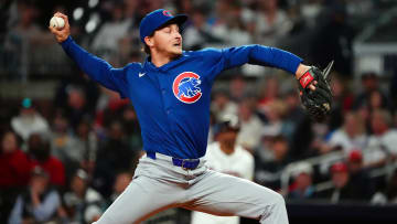 May 13, 2024; Cumberland, Georgia, USA; Chicago Cubs pitcher Hayden Wesneski (19) pitches against the Atlanta Braves during the sixth inning at Truist Park.