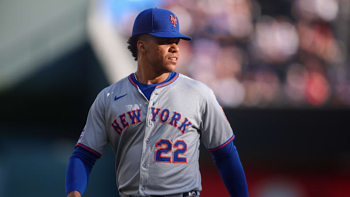 New York Mets right fielder Juan Soto (22) on the field before a game against the Atlanta Braves at Truist Park on June 19. New York Mets right fielder Juan Soto (22) on the field before a game against the Atlanta Braves at Truist Park on June 19.